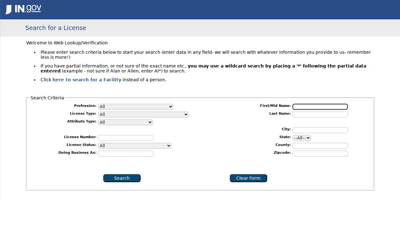 Indiana professional license verification fields for Schererville name research